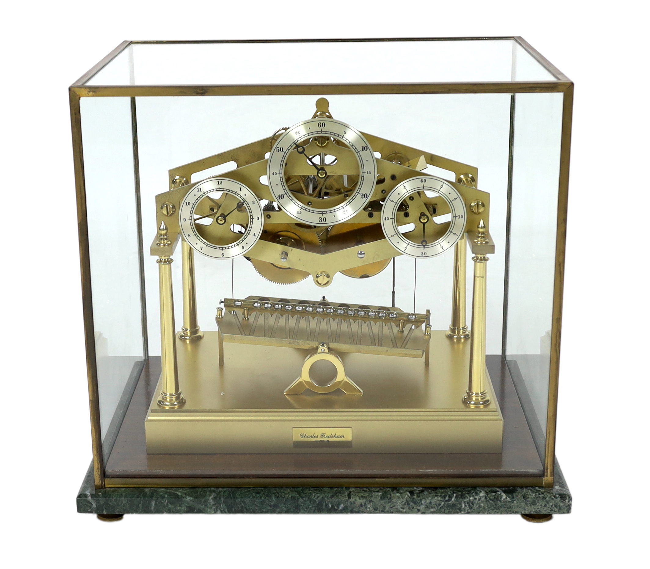 A Charles Frodsham Congreve design rolling ball clock 49cm wide, 37cm deep, 45cm high, with original paperwork from Dent of London